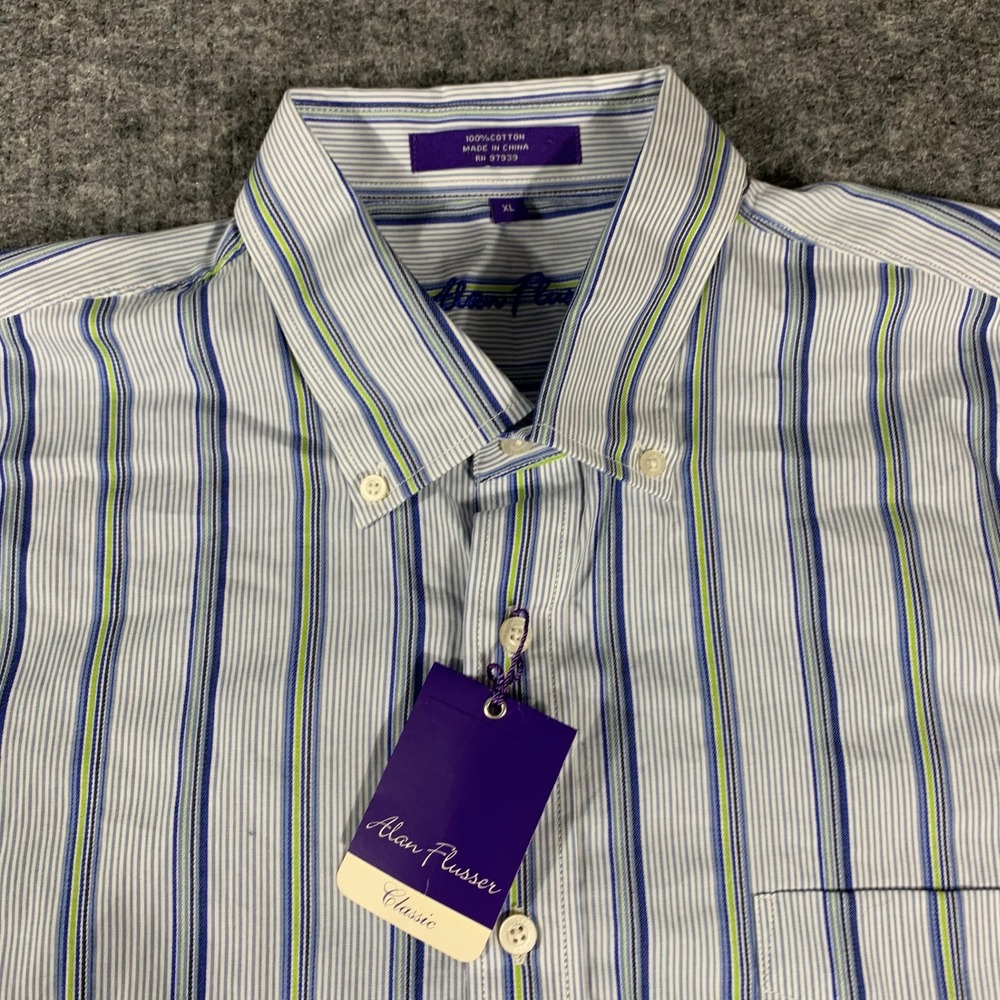 Alan Flusser Shirt Mens XL Blue Striped Cotton Button Down Long Sleeve Luxury - Picture 4 of 12